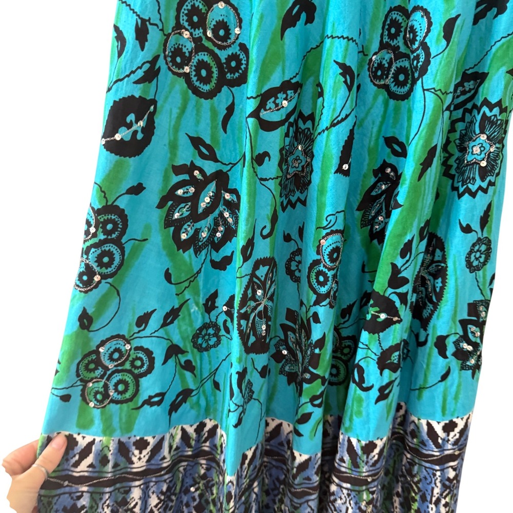 Vintage Y2k Mexico Floral Sequin Cotton‎ Maxi Skirt Turquoise Boho Fairy Small